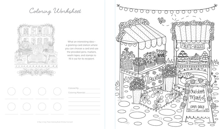 A black-and-white coloring page featuring an outdoor market stand with fruits, vegetables, flowers, and a sign reading “Outdoor Market Open Daily.” String lights hang above, with decorative plants and stones surrounding the stand—perfect for fans of storybook neighborhood coloring inspired by the cozy charm of A Day in Cozy Town Coloring Book from Schiffer Publishing, Ltd.