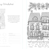 A detailed black-and-white coloring page from A Day in Cozy Town Coloring Book by Schiffer Publishing, Ltd. features a welcoming bakery and houses lined with flower boxes, all framed by a whimsical floral border above. Spaces for coloring circles, a name, and a coloring key appear on the left page of this charming illustrated book by Emily Cromwell.