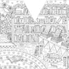 Black and white illustration from A Day in Cozy Town: The Bookshop Coloring and Sticker Book by Schiffer Publishing, Ltd., featuring shelves of books, heart-shaped decor, a round rug, an OPEN sign, potted plants, and a table with books and treats—perfect for fans of bookstore adventures or anyone who loves charming bookshops.