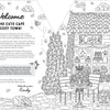 A black-and-white illustration depicts a cozy, whimsical café with a cat sign, outdoor table, cakes, potted plants, and a “welcome” note on the left—capturing the charm of A Day in Cozy Town: The Cute Café Coloring and Sticker Book by Schiffer Publishing, Ltd. Perfect for fans of inviting café scenes, this delightful page is ideal for adding your creative flair or pairing with Cozy Town stickers from the book.
