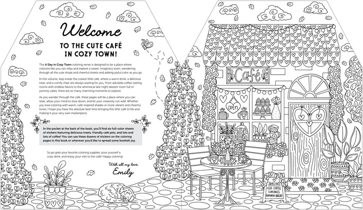 A black-and-white illustration depicts a cozy, whimsical café with a cat sign, outdoor table, cakes, potted plants, and a “welcome” note on the left—capturing the charm of A Day in Cozy Town: The Cute Café Coloring and Sticker Book by Schiffer Publishing, Ltd. Perfect for fans of inviting café scenes, this delightful page is ideal for adding your creative flair or pairing with Cozy Town stickers from the book.