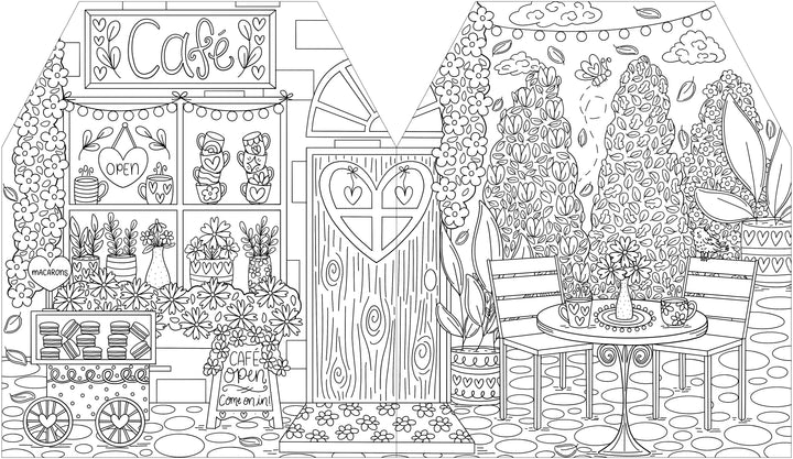 Black and white line drawing of a cozy café featuring lush plants, a pastry cart, and an outdoor seating area complete with a table, chairs, and vibrant flowers. The central door displays a heart-shaped window—ideal for your copy of A Day in Cozy Town: The Cute Café Coloring and Sticker Book by Schiffer Publishing, Ltd., or as inspiration for charming Cozy Town stickers.