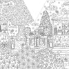 Immerse yourself in a whimsical, detailed line drawing of a late-night market featuring a dessert cart, hot cocoa stall, inviting table and chairs, and lush flowers and trees beneath a starlit sky with the moon and a shooting star—a perfect scene for fans of A Day in Cozy Town: The Cute Café Coloring and Sticker Book by Schiffer Publishing, Ltd., who dream of their own cozy café coloring adventure.