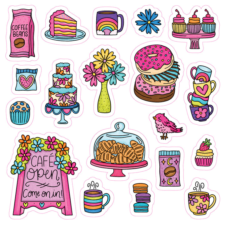 Charming doodle-style stickers featuring cakes, donuts, pastries, cupcakes, coffee mugs, flowers, a bird, and a Café open sign with floral accents—whimsical and vibrant café-themed illustrations inspired by *A Day in Cozy Town: The Cute Café Coloring and Sticker Book* from Schiffer Publishing, Ltd. The perfect cheerful touch for any Cozy Town sticker collection!.