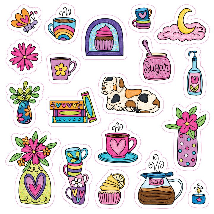 Discover whimsical, playful stickers featuring flowers, mugs, a cheerful dog, cakes, a sugar jar, soap dispenser, books, a dreamy moon on clouds, a butterfly, and a coffee pot labeled DECAF—perfect for fans of Schiffer Publishing’s A Day in Cozy Town: The Cute Café Coloring and Sticker Book or anyone inspired to embark on their own cozy café coloring adventure.