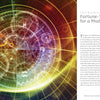 A circular zodiac chart with celestial markings and geometric patterns on a glowing gradient background, displayed next to a page from Fortune Telling for a Modern Age.