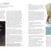Two pages from the Fortune Telling for a Modern Age book, featuring an illustration of The Sun tarot card alongside text explaining the history, methods, and court cards of traditional decks.