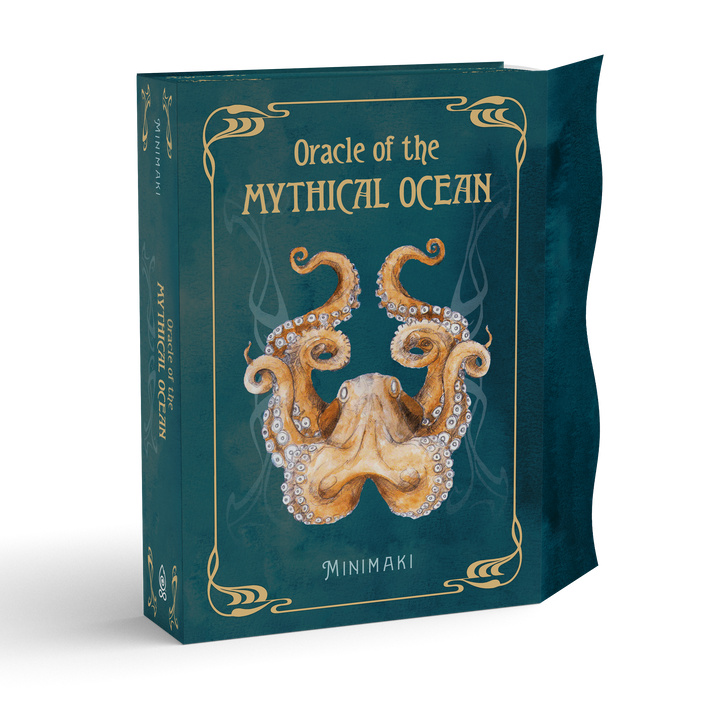 A teal box set for the Oracle of the Mythical Ocean featuring an octopus illustration and gold-printed text; this mythology oracle deck captures the deep sea in its design.