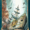 Watercolor illustration of a wooden ship resting on the ocean floor surrounded by fish and divers, featured on the Oracle of the Mythical Ocean card titled 1. The Shipwreck.