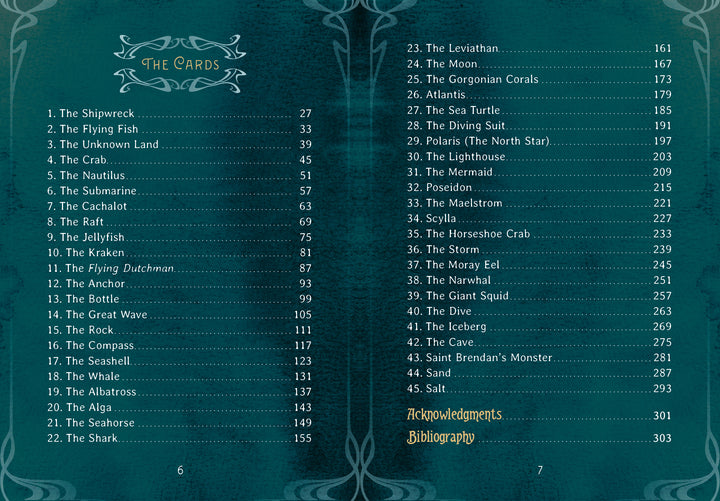 Table of contents for the Oracle of the Mythical Ocean deck, listing cards 1 through 45 with their corresponding page numbers, followed by Acknowledgments and Bibliography.