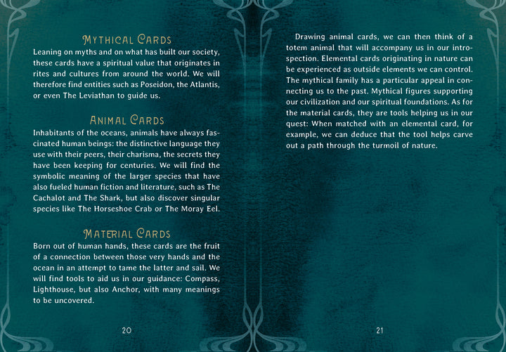 Pages 20 and 21 of the Oracle of the Mythical Ocean deck, featuring Mythical, Animal, and Material cards framed by ornate teal borders.