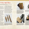 A two-page spread from Adventure Whittling by Schiffer Publishing, Ltd. features detailed images and descriptions of wood carving tools, a gloved hand demonstrating the use of carving gouges, and step-by-step photos illustrating whittling techniques for beginner projects, complete with informative text and labeled tool diagrams.