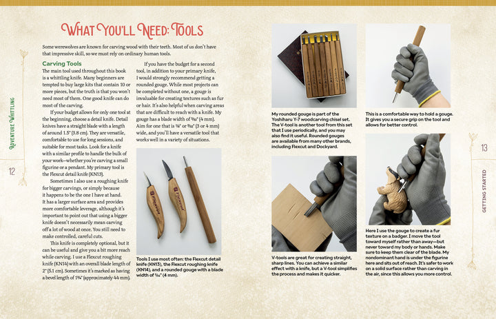 A two-page spread from Adventure Whittling by Schiffer Publishing, Ltd. features detailed images and descriptions of wood carving tools, a gloved hand demonstrating the use of carving gouges, and step-by-step photos illustrating whittling techniques for beginner projects, complete with informative text and labeled tool diagrams.