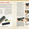 A two-page spread from Adventure Whittling by Schiffer Publishing, Ltd. explains the process of sharpening and honing knives, featuring step-by-step photos that show hands applying honing compounds and using a strop to polish a knife edge. The accompanying text offers detailed techniques and helpful tips for effective sharpening, making this book an essential resource for wood carving or whittling enthusiasts—especially those starting out with beginner carving projects.