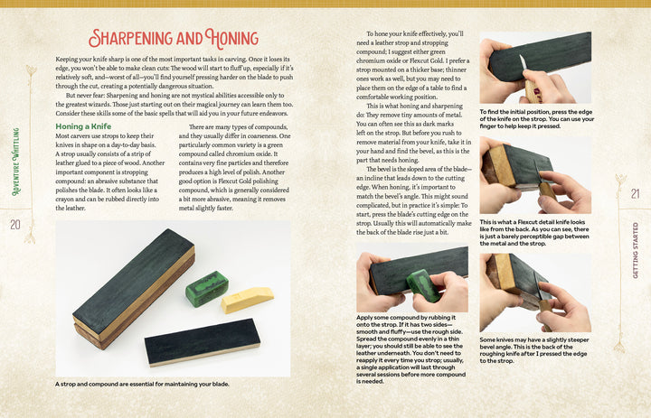 A two-page spread from Adventure Whittling by Schiffer Publishing, Ltd. explains the process of sharpening and honing knives, featuring step-by-step photos that show hands applying honing compounds and using a strop to polish a knife edge. The accompanying text offers detailed techniques and helpful tips for effective sharpening, making this book an essential resource for wood carving or whittling enthusiasts—especially those starting out with beginner carving projects.