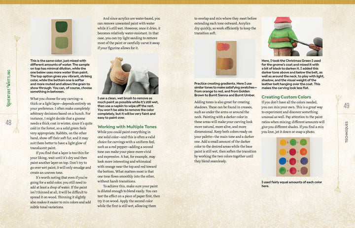 A book spread from Adventure Whittling by Schiffer Publishing, Ltd. features pastel illustrations, painting tips, and techniques inspired by wood carving projects. You’ll find color swatches, photos of a painted rabbit figure, and text about custom colors, blending, and using multiple tones to paint realistic animals—making it perfect for anyone interested in adding finishing touches to step-by-step whittling or whittling for beginners.