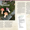 Three colorful mushroom figurines sit on moss and rocks. The background features content from *Adventure Whittling* by Schiffer Publishing, Ltd., including a whimsical fairy tale, a beginner-friendly mushroom craft tutorial with materials and step-by-step whittling instructions, and charming illustrations of mushrooms. Decorative borders frame the page.