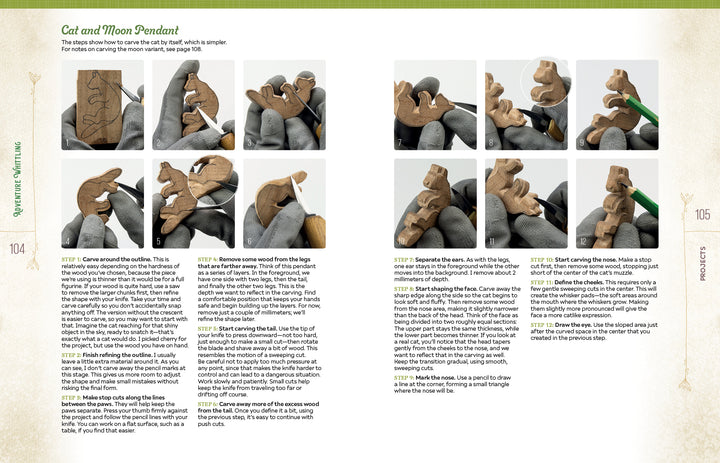 Adventure Whittling by Schiffer Publishing, Ltd. features a twelve-step photo guide for carving a cat and moon pendant from wood, illustrating every stage of shaping and detailing with the proper carving tools and gloves. Perfect for beginners in whittling, this step-by-step project offers detailed instructions and helpful tips printed on both pages, making it an excellent addition to your wood carving project collection.