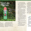A hand-painted wooden wizard figure, crafted from the Adventure Whittling beginner project by Schiffer Publishing, Ltd., stands on mossy ground in a forest. Surrounding the image are details about “The Traveling Wizard” story and a step-by-step crafting project, complete with materials and tools lists—inviting newcomers to discover the art of wood carving and whittling.