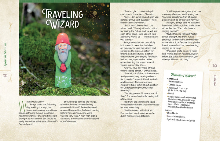 A hand-painted wooden wizard figure, crafted from the Adventure Whittling beginner project by Schiffer Publishing, Ltd., stands on mossy ground in a forest. Surrounding the image are details about “The Traveling Wizard” story and a step-by-step crafting project, complete with materials and tools lists—inviting newcomers to discover the art of wood carving and whittling.