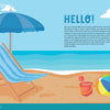 Experience a vibrant beach scene featuring a striped lounge chair, umbrella, beach ball, starfish, and seagulls along the sandy shore with bright blue skies and cheerful “HELLO!” text—just like the inspiration behind the KindKids Awesome Ocean Adventure Puzzle Book by Schiffer Publishing, Ltd. This playful puzzle book makes a perfect summer activity for kids who love ocean themes!.