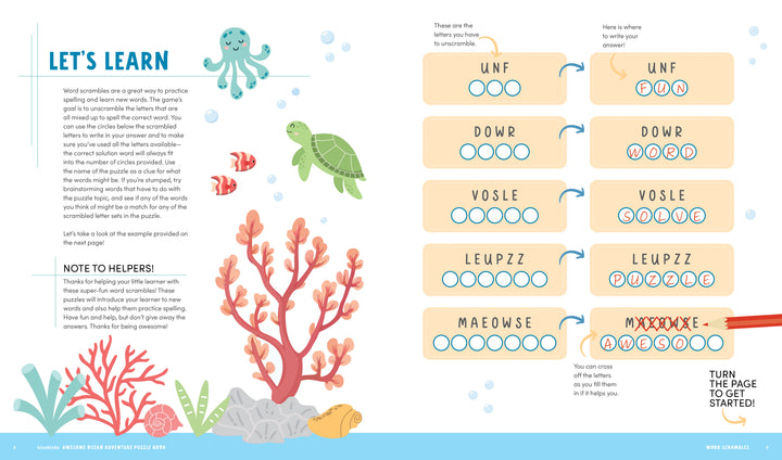 Here’s a revised version of the sentence using your product data: An illustrated underwater scene featuring an octopus, turtle, fish, coral, and rocks sets the stage for word scramble puzzles with letters and answer spaces on the right—ideal for fans of beach and ocean-themed challenges. With instructions and a “Let’s Learn” heading at the top left, this activity is a fun addition to any summer collection or Schiffer Publishing, Ltd.’s KindKids Awesome Ocean Adventure Puzzle Book.