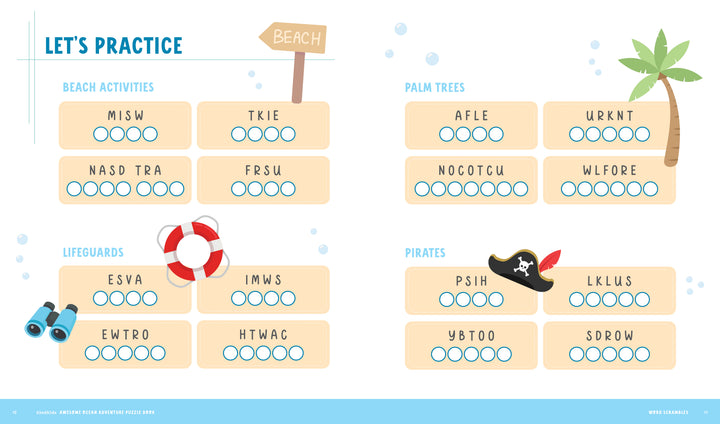 Here’s a rewritten version using your provided product data: A beach-themed word scramble worksheet from the KindKids Awesome Ocean Adventure Puzzle Book by Schiffer Publishing, Ltd., featuring sections for beach activities, lifeguards, palm trees, and pirates—each with four scrambled words and circles for placing the correct letters. Decorative images of a palm tree, lifebuoy, and pirate hat make this sheet a perfect addition to any summer activity book or collection of beach and ocean puzzles.