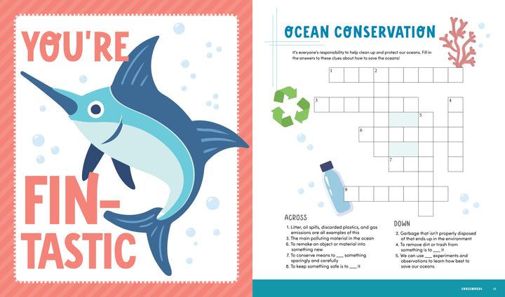 A cheerful cartoon swordfish grins as it swims alongside an ocean conservation-themed crossword puzzle, decorated with a recycling symbol, bottle, coral, and bubbles—ideal for fans of ocean-themed puzzles. The Schiffer Publishing, Ltd. KindKids Awesome Ocean Adventure Puzzle Book features the uplifting message: “You’re FIN-TASTIC!”.