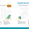 Discover seaside fun with the KindKids Awesome Ocean Adventure Puzzle Book from Schiffer Publishing, Ltd.! This two-page, beach-themed crossword activity is perfect for kids, showcasing delightful illustrations of a picnic basket, beach umbrella, and sandcastle. With clues about picnics and playing with friends at the shore, these engaging ocean puzzles are ideal for a summer activity book—inviting children to explore new words and enjoy playful seaside scenes.