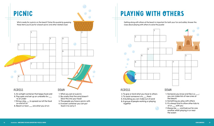 Discover seaside fun with the KindKids Awesome Ocean Adventure Puzzle Book from Schiffer Publishing, Ltd.! This two-page, beach-themed crossword activity is perfect for kids, showcasing delightful illustrations of a picnic basket, beach umbrella, and sandcastle. With clues about picnics and playing with friends at the shore, these engaging ocean puzzles are ideal for a summer activity book—inviting children to explore new words and enjoy playful seaside scenes.