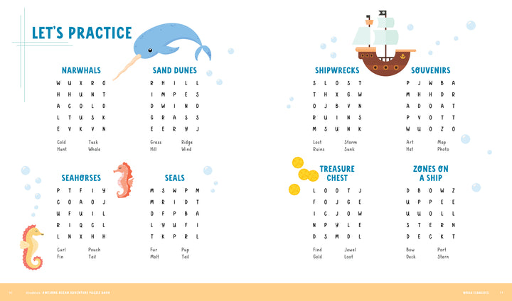 The KindKids Awesome Ocean Adventure Puzzle Book by Schiffer Publishing, Ltd. includes a children’s word search activity page featuring ocean-themed words like narwhals, sand dunes, shipwrecks, souvenirs, seahorses, seals, treasure chest, and zones on a ship with playful illustrations—making it perfect for kids’ puzzles or adding fun to any summer activity book.