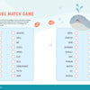 Discover ocean fun in the KindKids Awesome Ocean Adventure Puzzle Book by Schiffer Publishing, Ltd.—enjoy a sea creature matching game for kids with sea animals listed on the left and their traits or body parts on the right. Perfect for summer activity books, this ocean puzzle page features a playful whale illustration with a water spout at the top and is decorated with bubbles and swimming fish.