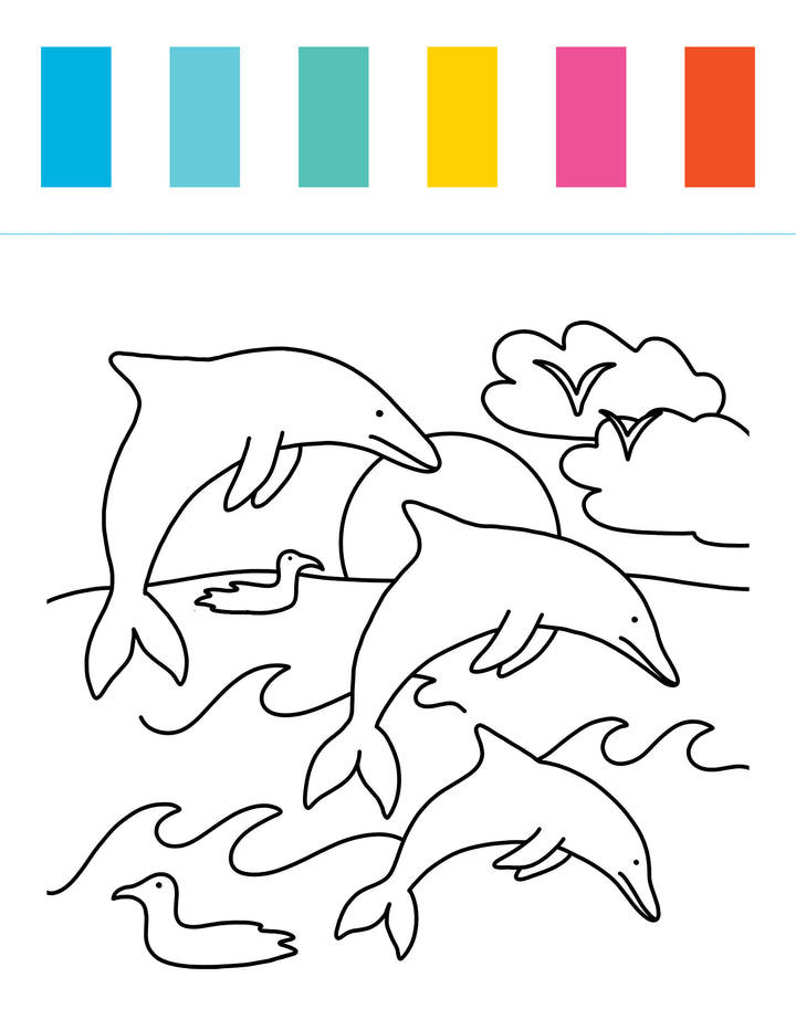 Three dolphins leap above ocean waves with two birds soaring nearby. A setting sun glows near drifting clouds and distant trees in the background. At the top, six colorful rectangles—cyan, turquoise, teal, yellow, pink, and red—add a vibrant touch. This lively scene is perfect inspiration for young artists using the I Heart Art Ocean Friends Watercolor Paint Pad by Schiffer Publishing, Ltd., especially when exploring creativity with a mess-free art kit!.