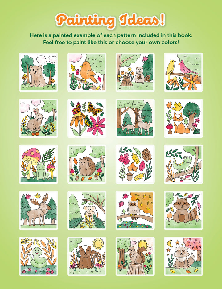 Featuring 20 small, colorful illustrations of animals, plants, and nature scenes arranged in a 4x5 grid on a green background with “Painting Ideas!” text above the images, the I Heart Art Forest Friends Watercolor Paint Pad by Schiffer Publishing, Ltd. offers perfect inspiration for any kids’ painting book or watercolor project with vibrant forest designs.