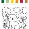 The I Heart Art Forest Friends Watercolor Paint Pad by Schiffer Publishing, Ltd. features a black and white illustration of a bear cub nestled among flowers and trees, inspired by charming forest designs. Six colored rectangles—green, light green, yellow, orange, red, and brown—are displayed above as a convenient palette, making this pad perfect for watercolor painting activities or as an art book for kids.