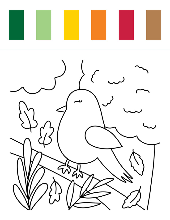 A delicate outline of a bird perched on a branch surrounded by autumn leaves under a cloudy sky is featured, accompanied by six color swatches—green, light green, yellow, orange, red, and brown—that capture the season’s vibrant palette. Perfect for sparking creativity in young artists using the “I Heart Art Forest Friends Watercolor Paint Pad” from Schiffer Publishing, Ltd., this charming forest-themed design offers endless inspiration for painting adventures.