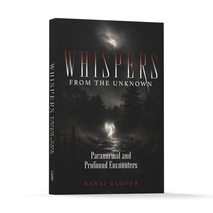 Book cover for Whispers from the Unknown featuring a dark, misty forest path and a spectral figure beneath a moonlit sky.