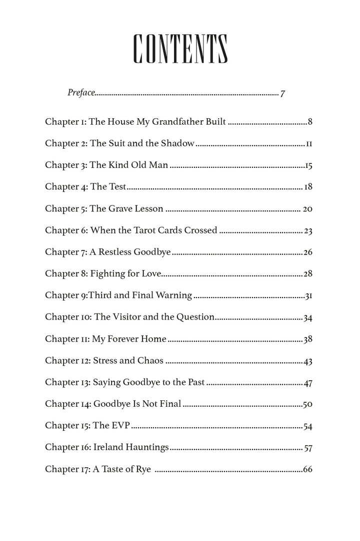 Table of contents for Whispers from the Unknown, listing seventeen numbered chapters that detail haunted locations and their corresponding page numbers.