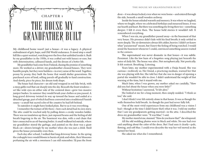 Two pages from the book Whispers from the Unknown, titled Chapter 1: The House My Grandfather Built, featuring text about childhood memories of a family home and experiences with ghosts.