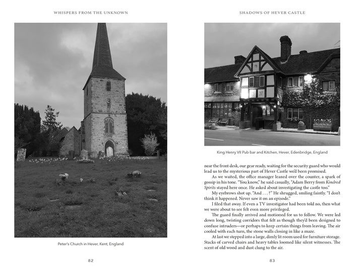 A two-page spread from Whispers from the Unknown featuring a black-and-white photograph of a stone church and a clock tower, with text describing paranormal experiences and ghost encounters during a visit to Hever Castle.