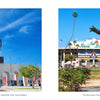 Side-by-side photos of the Los Angeles Memorial Coliseum entrance and its iconic statues alongside a bronze football player statue at the Rose Bowl, featured in the Los Angeles book.