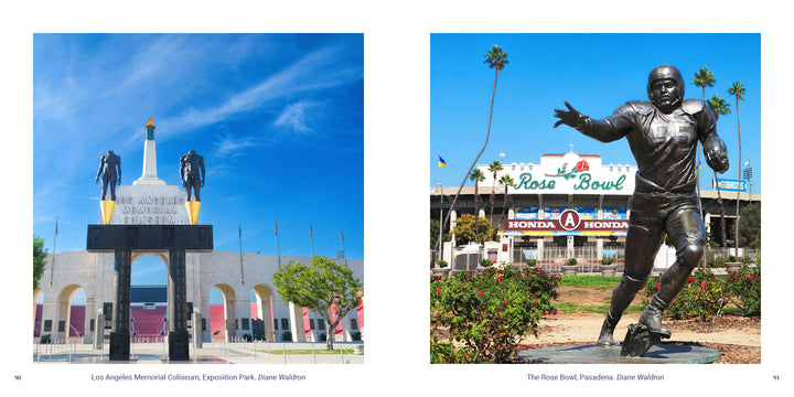 Side-by-side photos of the Los Angeles Memorial Coliseum entrance and its iconic statues alongside a bronze football player statue at the Rose Bowl, featured in the Los Angeles book.