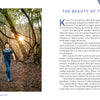 Two children in blue and pink shirts walk along a wooded nature trail next to a page titled The Beauty of the Texas Hill Country in the Texas Hill Country photo book.