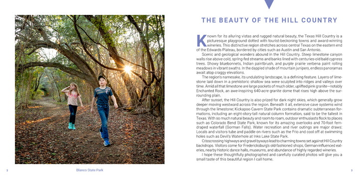 Two children in blue and pink shirts walk along a wooded nature trail next to a page titled The Beauty of the Texas Hill Country in the Texas Hill Country photo book.