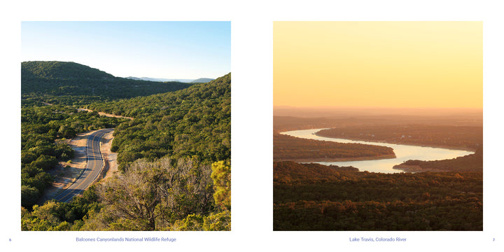Texas Hill Country features two side-by-side photos: a winding road through the hilly, forested Balcones Canyonlands National Wildlife Refuge and a river curving through hills at sunset near Lake Travis and the Colorado River.