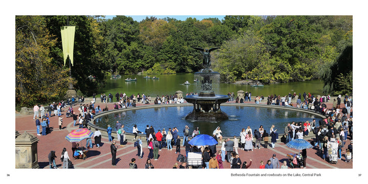 Bethesda Fountain in Central Park surrounded by a crowd of people with rowboats on the lake, featured in the New York City photo book by Schiffer Publishing, Ltd.