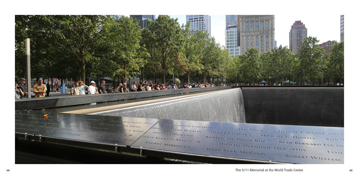 Visitors view the waterfall and inscribed names at the 9/11 Memorial, a prominent landmark in New York City.