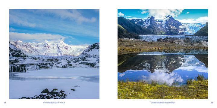 A split view of the Iceland landscape showing Svínafellsjökull glacier during a snowy winter on the left and reflecting in a lake during summer on the right.