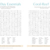 Two word search puzzles from Schiffer Publishing, Ltd.’s MindfulMoments Word Search Coastal Escape sit side by side: Beach Day Essentials on the left and Coral-Reef Life on the right—each featuring coastal themes, a word list beneath the title, and an inspiring tip at the bottom of the page to encourage mindful moments.
