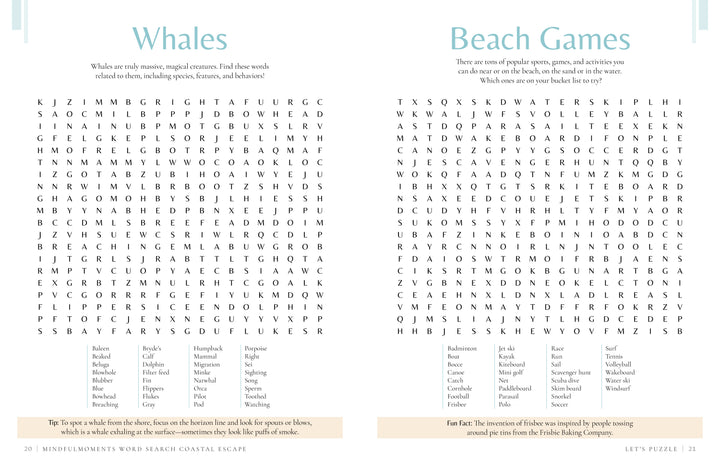 Here’s a rewritten version using your product data: Two word search puzzles from *MindfulMoments Word Search Coastal Escape* by Schiffer Publishing, Ltd. are displayed side by side. The left puzzle highlights whales, while the right features beach games—both ideal for coastal-themed enjoyment. Each puzzle includes its own word list below, encouraging mindful fun and discovery. Informative text boxes share intriguing facts about whales and the origins of frisbee.